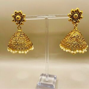 Indian Jhumka drop dangle bell pendant earrings with pearl bead tassels. Ethnic